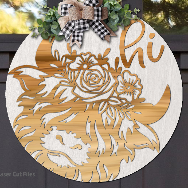 Highland Cow SVG Laser Cut Files Rose Cow SVG Door Hanger SVG Glowforge Files DXF.png