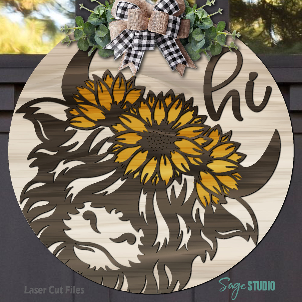 Highland Cow Door Hanger SVG - Laser Cut Files - Welcome Sign SVG - Sunflower SVG - Cow Head SVG - Cow Hi SVG - Glowforge Files