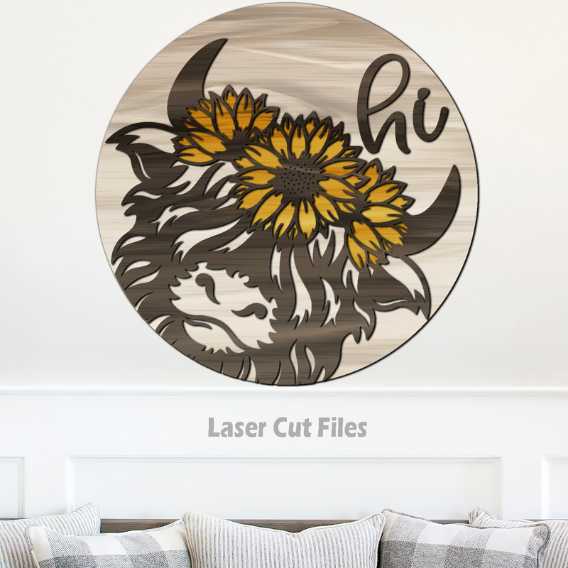Sunflower Highland Cow SVG - Cow Door Hanger SVG - Laser Cut Files - Sunflower SVG - Cow Head SVG - Cow Hi SVG - Glowforge Files