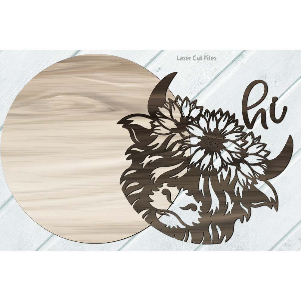 Highland Cow Door Sign SVG - Laser Cut Files - Sunflower SVG - Cow Head SVG - welcome sign svg - Cow Hi SVG - Glowforge Files