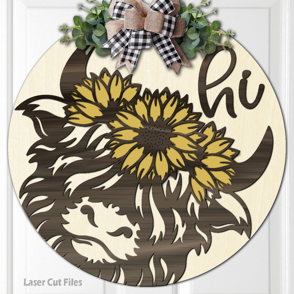 Highland Cow Door Hanger SVG - Laser Cut Files - Sunflower SVG - Cow Head SVG - Cow Hi SVG - Glowforge Files