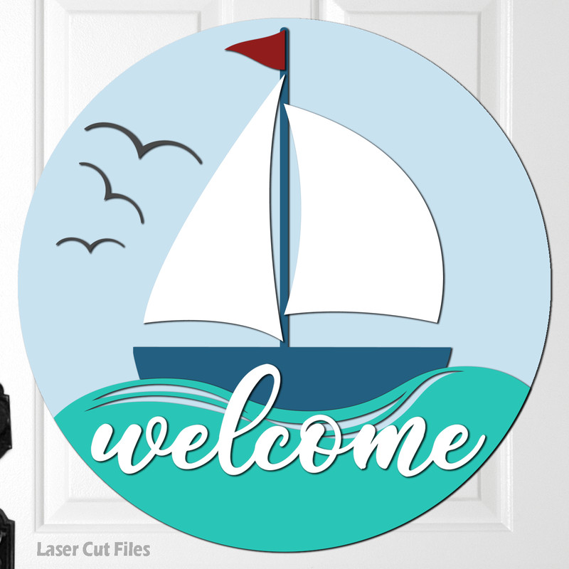 Sailboat Door Hanger SVG Laser Cut Files Sailboat SVG Wave SVG Welcome Sign SVG Glowforge Files DXF.png