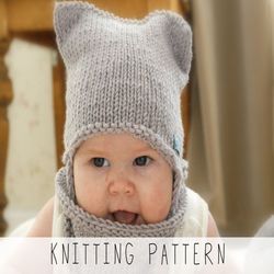 Knitting Pattern Cat Hat X Beginners Hat Knit Pattern X Earflap Hat Pattern X Animal Hat X Kids Cowl Pattern X Baby Hat