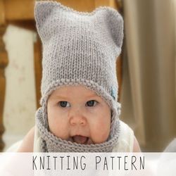 knitting pattern cat hat x beginners hat knit pattern x earflap hat pattern x animal hat x kids cowl pattern x baby hat