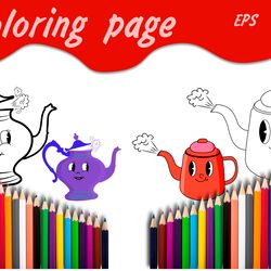 Coloring pages of cartoon teapots with fun emotions