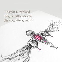 Under Chest Tattoo Design Female Jellyfish Tattoo Design Jellyfish Tattoo Ideas Sketch, Instant download JPG, PNG