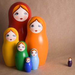 Matryoshka Rainbow BIG Nesting Dolls 7 pcs, Montessori Color Sorting Toy, Decor