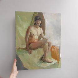 Nude painting Green wall art Man artwork body minimalist art on canvas