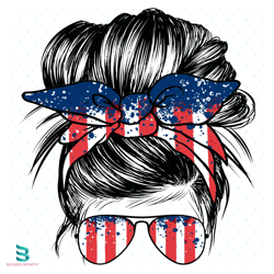 red white and blue america messy bun hair sunglasses svg, independence svg