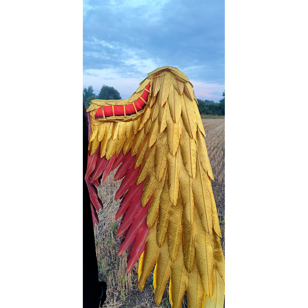 Hawkman wings costume, golden angel wings, wearable gold wings, gold cosplay wings, red and gold wings, articulating wings, black crow wings, large golden wings