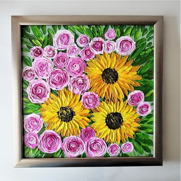 Acrylic-painting-bouquet-of-sunflowers-and-roses-framed-wall-decor.jpg