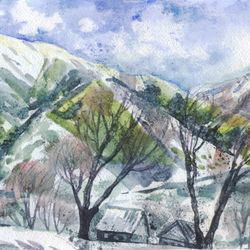 ORIGINAL WATERCOLOR PAINTING Mountain landscape Artwork gift hand painting 8x11 Inch