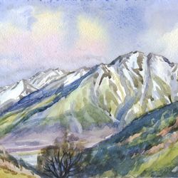 ORIGINAL WATERCOLOR PAINTING Mountain landscape Artwork gift hand painting 8x11 Inch