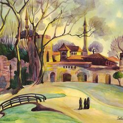 original watercolor painting urban landscape istanbul artwork gift hand painting 11x16 inch