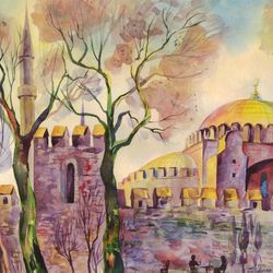 ORIGINAL WATERCOLOR PAINTING Urban landscape Istanbul Artwork gift hand painting 11x16 Inch
