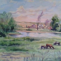 ORIGINAL WATERCOLOR PAINTING Rural landscape Artwork gift hand painting 11x16 Inch