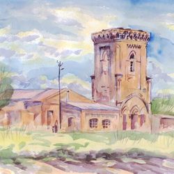 ORIGINAL WATERCOLOR PAINTING Old tower Artwork gift hand painting 11x16 Inch