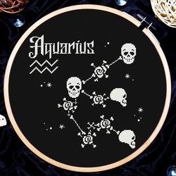 Aquarius zodiac sign cross stitch, Gothic cross stitch pattern, Skull cross stitch, Occult cross stitch, Digital PDF