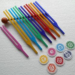 7 Color Chakra Sound Healing Tuning Fork With Mallet, Velvet Pouch