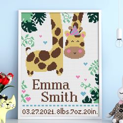 Birth announcement cross stitch, Funny giraffe cross stitch, New baby girl birth cross stitch, Digital PDF