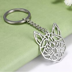 Cat head keychain, Stainless steel, Origami style, Cat lover gift, Animal keyring, Men woman gifts