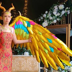 Movable golden Phoenix Firebird wings with horns/Cosplay Costume/Dragon giant wings of fire/photo props/Halloween props