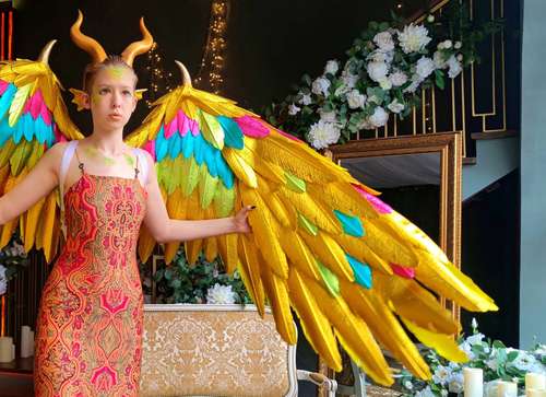 Movable golden Phoenix Firebird wings with horns/Cosplay Costume/Dragon giant wings of fire/photo props/Halloween props