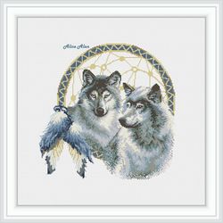Cross stitch pattern Dream catcher feathers Wolves silhouette Indian ethnic amulet talisman counted crossstitch patterns