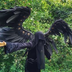 large black double wings with eyes angel's of death hellboy 2 cosplay/halloween outfit, witch wings costume/demon wings