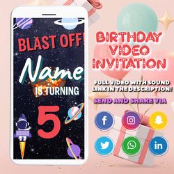 space astronaut birthday video party invitation, personalized birthday outer space, rocket and planets digital