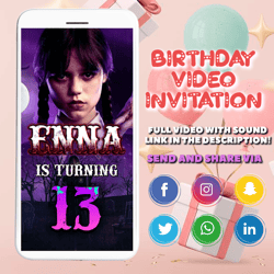 wednesday addams birthday party video invitation, wednesday animated invite video, digital custom invite, birthday