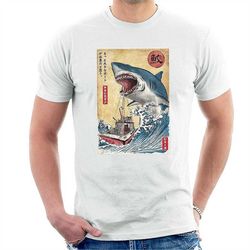 retro japanese shark t-shirt, men's fun comedy shirts unisex style 100 cotton adults & kids novelty shirt