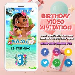 moana video invitation, personalized animated invitation, moana baby invitation, digital invitation, birthday party