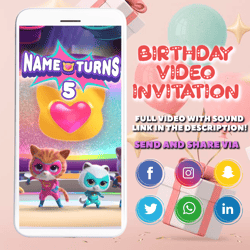 super kitties, video invitation, invitations, digital, invite, custom, personalized, birthday, party, card