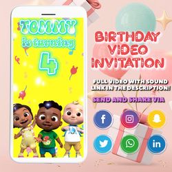 cocomelon video invite, cody cocomelon video, cocomelon mp4, animated invite, video evite, logo and personalized data
