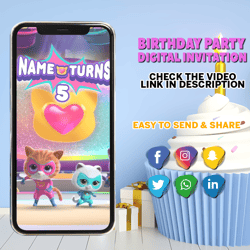 super kitties, video invitation, invitations, digital, invite, custom, personalized, birthday, party, card