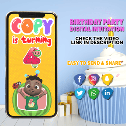 Cocomelon Video Invite, Cody Cocomelon Video, Cocomelon Mp4, Animated invite, Video Evite, Logo and Personalized Data