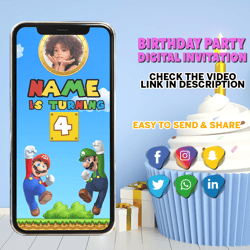 super mario invitation, super mario birthday video invitation, super mario birthday invitation, digital invite
