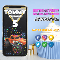 monster trucks birthday party video invitation, jam & smash personalized invite, digital party made to order, animated