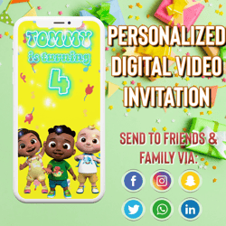 cocomelon video invite, cody cocomelon video, cocomelon mp4, animated invite, video evite, logo and personalized data