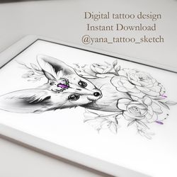 Fennec Fox Tattoo Design for Woman Fox Tattoo Sketch for Females Ideas, Instant download JPG, PDF, PNG