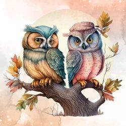 cute couple owl watercolor clipart