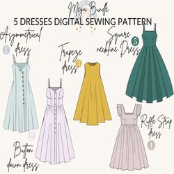 dress pattern mega bundle 5 dress|asymmetrical dress button down dress trapeze dress ruffle strap dress square neckline