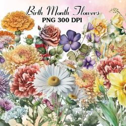 birth month flowers sublimation clipart