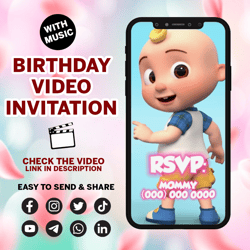 cocomelon video invite, cocomelon video, cocomelon mp4, animated invite, video evite, logo and personalized data