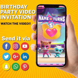 super kitties, video invitation, invitations, digital, invite, custom, personalized, birthday, party, card