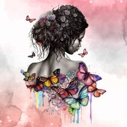 black girl butterfly and flower clipart