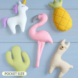 PDF Set of 5 Toys: Unicorn, Llama, Cactus, Flamingo, Pineapple Sewing Pattern
