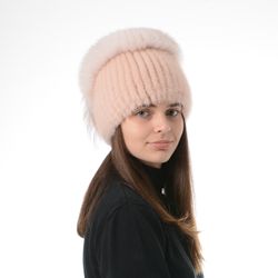 Winter Women's Real Mink Fur Hat With Fox Fur Pompom On Knitted Base