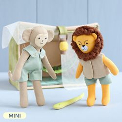 3 PDF Mini Monkey Doll, Mini Lion Doll and Safari Tent for Mini Doll Sewing Patterns Bundle